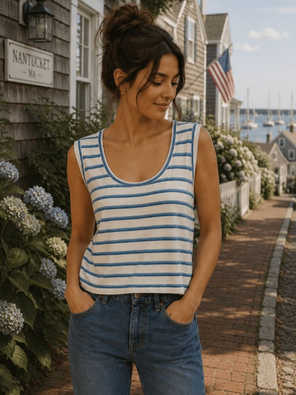 Veronica Beard Arion Linen Muscle Tank Blue Stripe S Coastal Preppy Nautical
